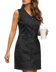 Vetinee Classic Denim Dress for Women Summer Sleeveless Button Down Fitted Dress