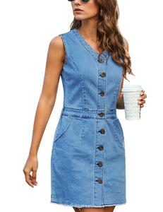 Vetinee Classic Denim Dress for Women Summer Sleeveless Button Down Fitted Dress