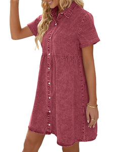 Vetinee Women's Cute Summer Denim Dress Rolled Sleeve Button Down Swing Dress