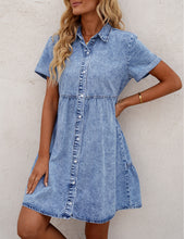 Vetinee Women's Cute Summer Denim Dress Rolled Sleeve Button Down Swing Dress