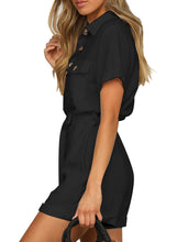 Vetinee Womens Summer Pockets Belted Romper Button Short Sleeve Jumpsuit Playsuit