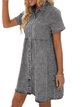 Vetinee Women's Cute Summer Denim Dress Rolled Sleeve Button Down Swing Dress