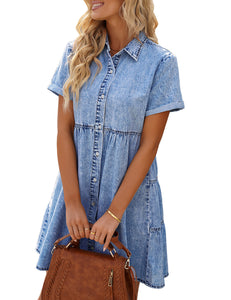 Vetinee Women's Cute Summer Denim Dress Rolled Sleeve Button Down Swing Dress