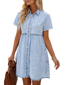 Vetinee Women's Cute Summer Denim Dress Rolled Sleeve Button Down Swing Dress