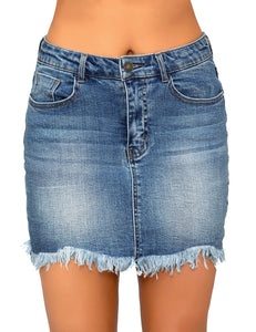 Vetinee Casual Short Denim Skirt for Women Summer Fall Frayed Raw Hem Jean Skirt
