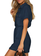 Vetinee Womens Summer Pockets Belted Romper Button Short Sleeve Jumpsuit Playsuit