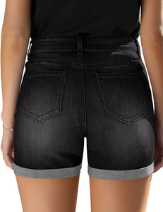 Vetinee High Rise Stretchy Folded Hem Denim Shorts for Women Casual Jean Shorts