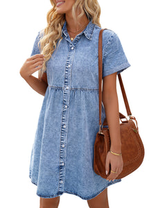 Vetinee Women's Cute Summer Denim Dress Rolled Sleeve Button Down Swing Dress