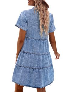 Vetinee Women's Cute Summer Denim Dress Rolled Sleeve Button Down Swing Dress