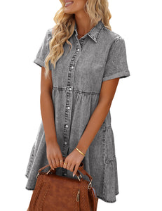 Vetinee Women's Cute Summer Denim Dress Rolled Sleeve Button Down Swing Dress