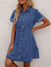 Vetinee Women's Cute Summer Denim Dress Rolled Sleeve Button Down Swing Dress