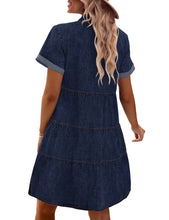 Vetinee Women's Cute Summer Denim Dress Rolled Sleeve Button Down Swing Dress