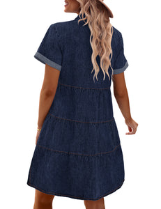 Vetinee Women's Cute Summer Denim Dress Rolled Sleeve Button Down Swing Dress