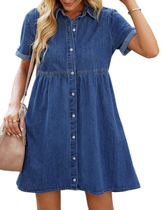 Vetinee Women's Cute Summer Denim Dress Rolled Sleeve Button Down Swing Dress