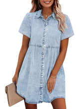 Vetinee Women's Cute Summer Denim Dress Rolled Sleeve Button Down Swing Dress