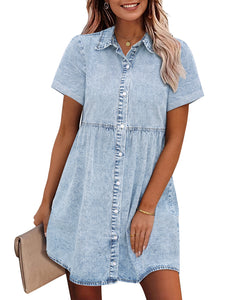 Vetinee Women's Cute Summer Denim Dress Rolled Sleeve Button Down Swing Dress