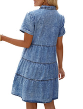 Vetinee Women's Cute Summer Denim Dress Rolled Sleeve Button Down Swing Dress