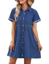 Vetinee Women's Cute Summer Denim Dress Rolled Sleeve Button Down Swing Dress