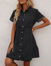 Vetinee Women's Cute Summer Denim Dress Rolled Sleeve Button Down Swing Dress