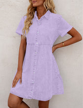 Vetinee Women's Cute Summer Denim Dress Rolled Sleeve Button Down Swing Dress