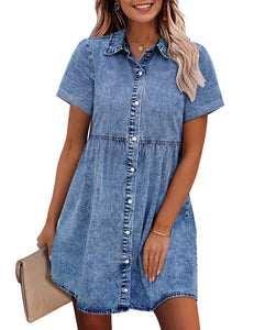 Vetinee Women's Cute Summer Denim Dress Rolled Sleeve Button Down Swing Dress