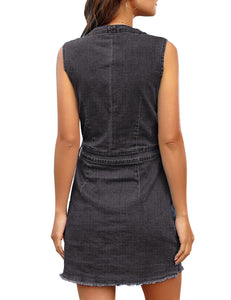 Vetinee Classic Denim Dress for Women Summer Sleeveless Button Down Fitted Dress