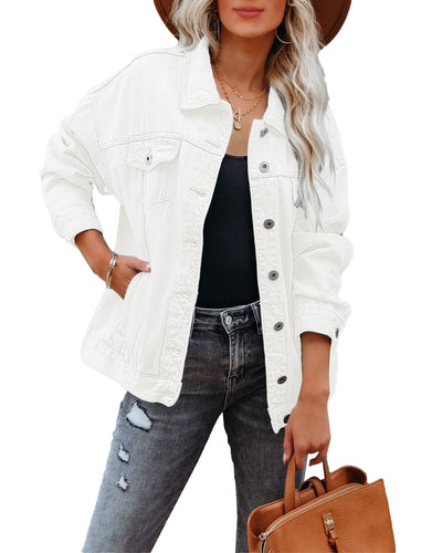 Vetinee Women's Lapel Button Down Long Sleeve Jean Jackets Oversized Boyfriend Trucker Jacket