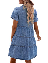 Vetinee Women's Cute Summer Denim Dress Rolled Sleeve Button Down Swing Dress