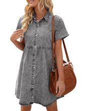 Vetinee Women's Cute Summer Denim Dress Rolled Sleeve Button Down Swing Dress