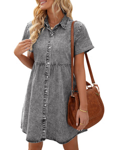 Vetinee Women's Cute Summer Denim Dress Rolled Sleeve Button Down Swing Dress