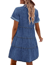 Vetinee Women's Cute Summer Denim Dress Rolled Sleeve Button Down Swing Dress