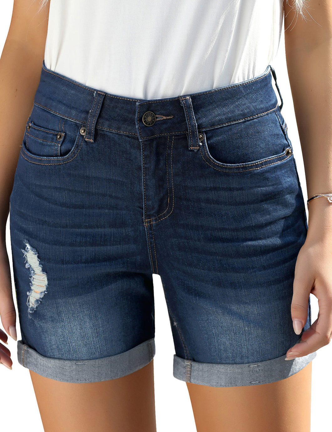 Vetinee High Rise Stretchy Folded Hem Denim Shorts for Women Casual Jean Shorts