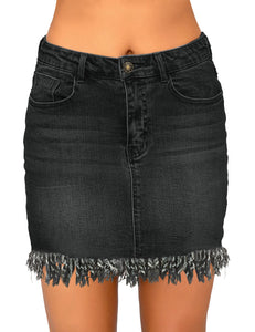 Vetinee Casual Short Denim Skirt for Women Summer Fall Frayed Raw Hem Jean Skirt