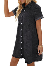 Vetinee Women's Cute Summer Denim Dress Rolled Sleeve Button Down Swing Dress