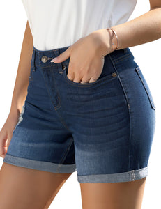 Vetinee High Rise Stretchy Folded Hem Denim Shorts for Women Casual Jean Shorts