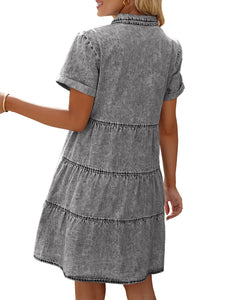 Vetinee Women's Cute Summer Denim Dress Rolled Sleeve Button Down Swing Dress