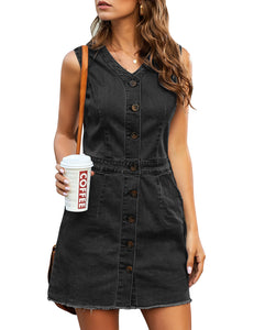 Vetinee Classic Denim Dress for Women Summer Sleeveless Button Down Fitted Dress