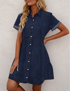 Vetinee Women's Cute Summer Denim Dress Rolled Sleeve Button Down Swing Dress