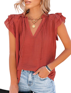 Vetinee Women's Casual Summer Blouses Classic V-Neck Flutter Cap Sleeve Tops