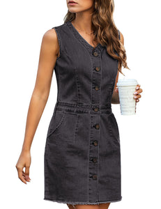 Vetinee Classic Denim Dress for Women Summer Sleeveless Button Down Fitted Dress