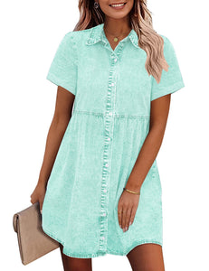 Vetinee Women's Cute Summer Denim Dress Rolled Sleeve Button Down Swing Dress