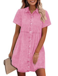 Vetinee Women's Cute Summer Denim Dress Rolled Sleeve Button Down Swing Dress