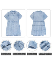 Vetinee Women's Cute Summer Denim Dress Rolled Sleeve Button Down Swing Dress