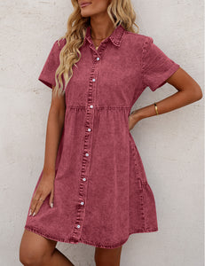 Vetinee Women's Cute Summer Denim Dress Rolled Sleeve Button Down Swing Dress