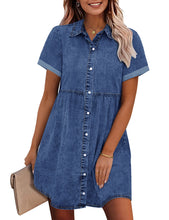 Vetinee Women's Cute Summer Denim Dress Rolled Sleeve Button Down Swing Dress