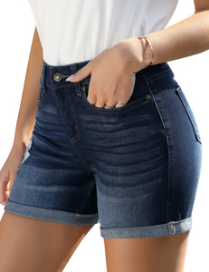 Vetinee High Rise Stretchy Folded Hem Denim Shorts for Women Casual Jean Shorts