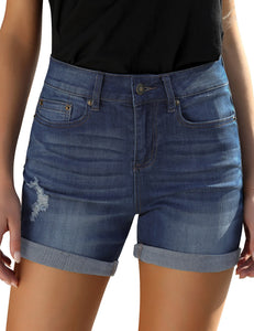 Vetinee High Rise Stretchy Folded Hem Denim Shorts for Women Casual Jean Shorts