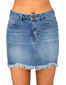 Vetinee Casual Short Denim Skirt for Women Summer Fall Frayed Raw Hem Jean Skirt