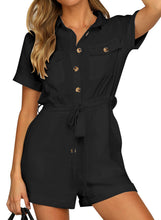 Vetinee Womens Summer Pockets Belted Romper Button Short Sleeve Jumpsuit Playsuit