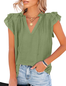 Vetinee Women's Casual Summer Blouses Classic V-Neck Flutter Cap Sleeve Tops